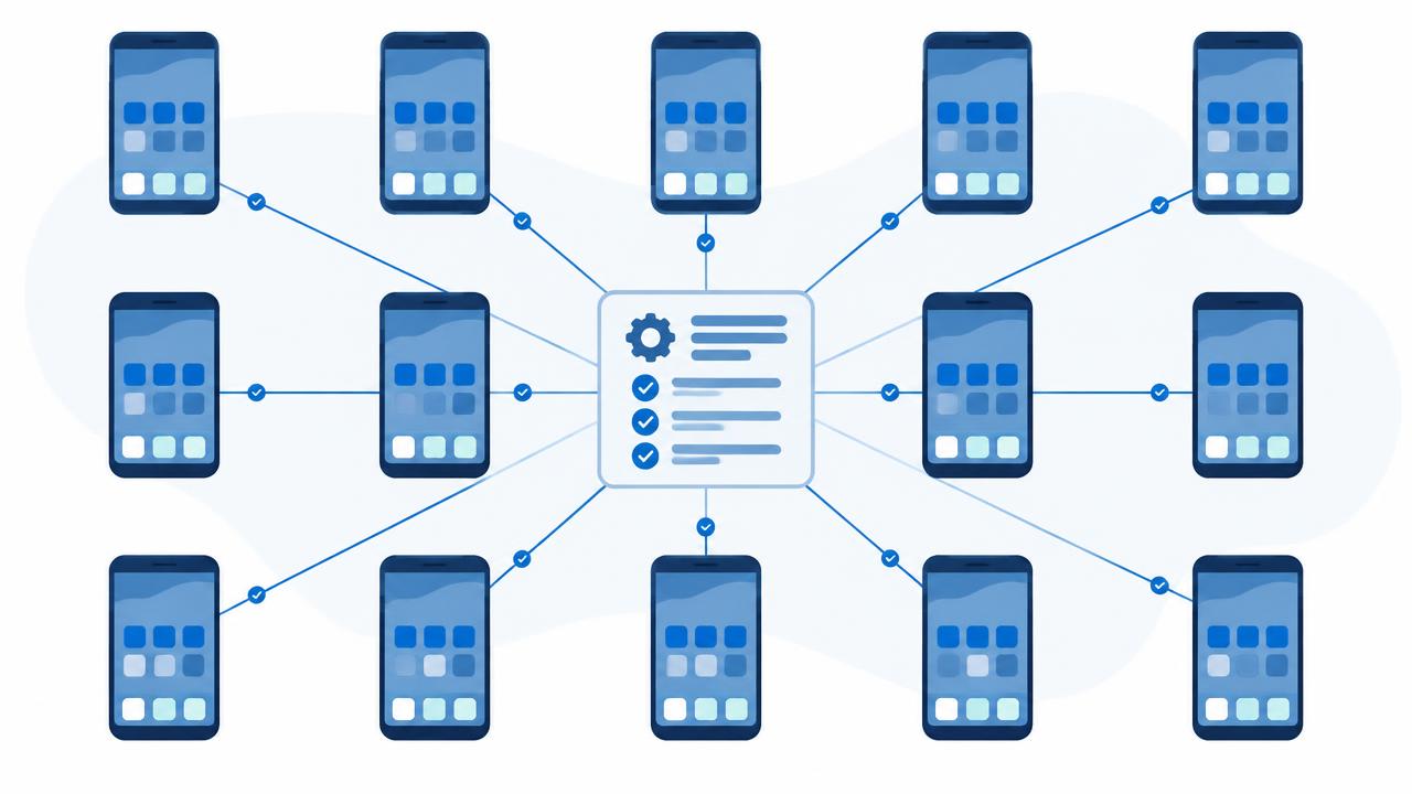 Illusztráció: egyforma kezdőképernyős telefonok rácsa, középen egy konfigurációs profilkártya, amelyből vonalak futnak minden eszközhöz.